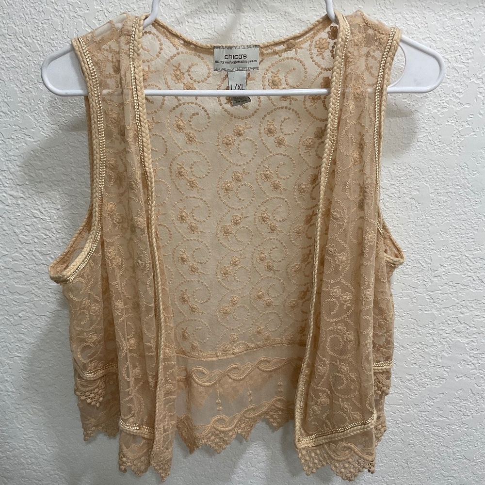 Chico's Tan Open Front Vest embroidered L/ XL